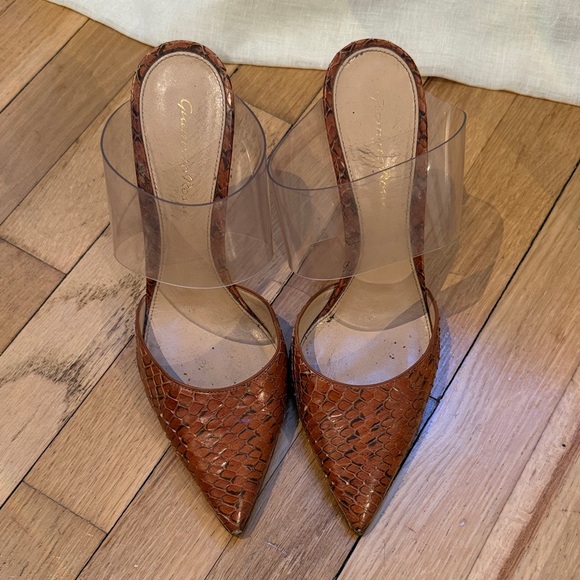 Gianvito Rossi Brown Snake Print Heels with Clear Strap - Picture 2 of 4
